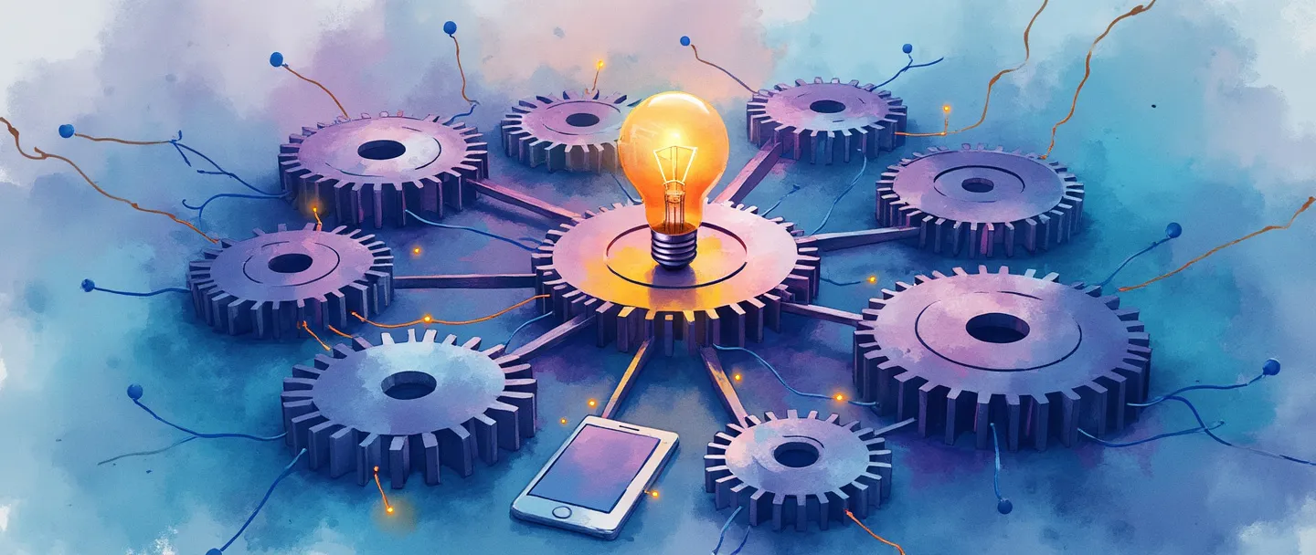 Uma pintura digital em aquarela de engrenagens interconectadas formando um centro, com telas de computador brilhantes e smartphones irradiando para fora como raios. No centro, uma lâmpada pulsante representa a inovação. Composição simples com vibrantes tons de azul e roxo, transmitindo convergência tecnológica e colaboração.