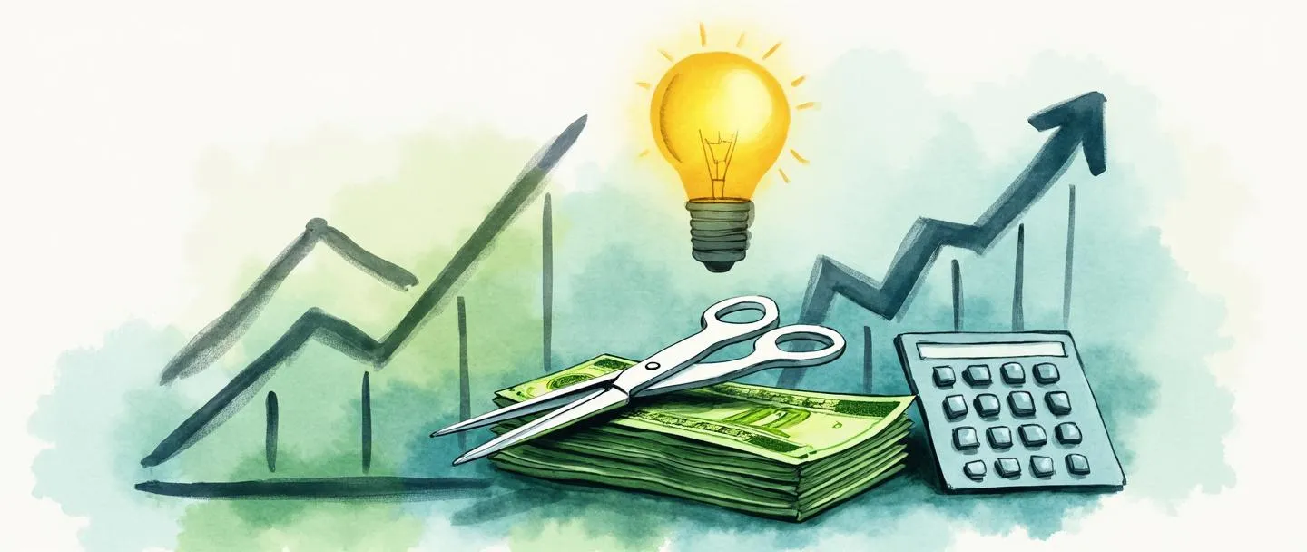Uma pintura digital em aquarela de uma tesoura cortando uma pilha de notas de dólar ao lado de uma calculadora e um gráfico simplificado com tendência ascendente. Uma lâmpada paira acima, emitindo um brilho suave. Composição simples com tons de verde e azul, transmitindo otimização de custos e eficiência financeira.