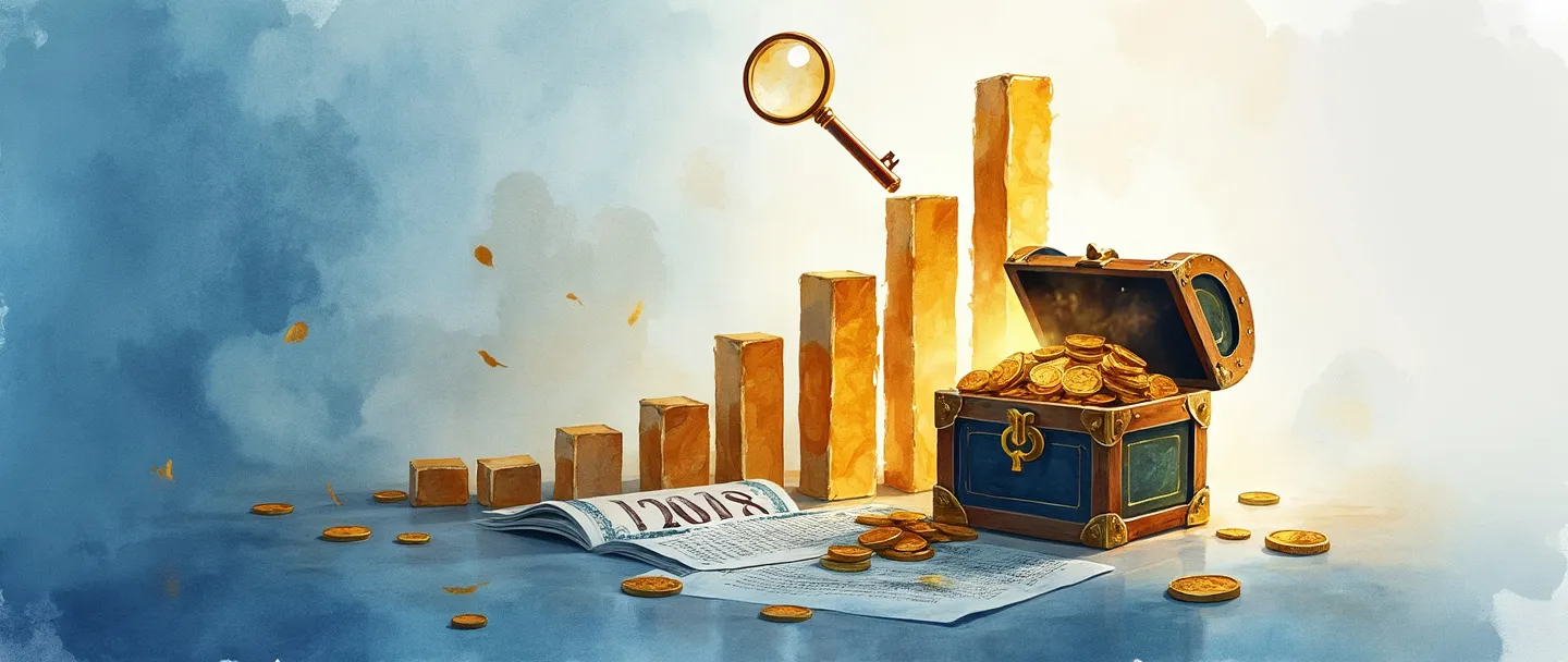 Uma pintura digital em aquarela de um gráfico de barras com tendência ascendente e uma lupa pairando sobre ele. Uma chave dourada destranca um pequeno baú do tesouro com moedas derramando ao lado de documentos financeiros. Composição simples com ricos tons de azul e dourado, transmitindo medição de desempenho financeiro.