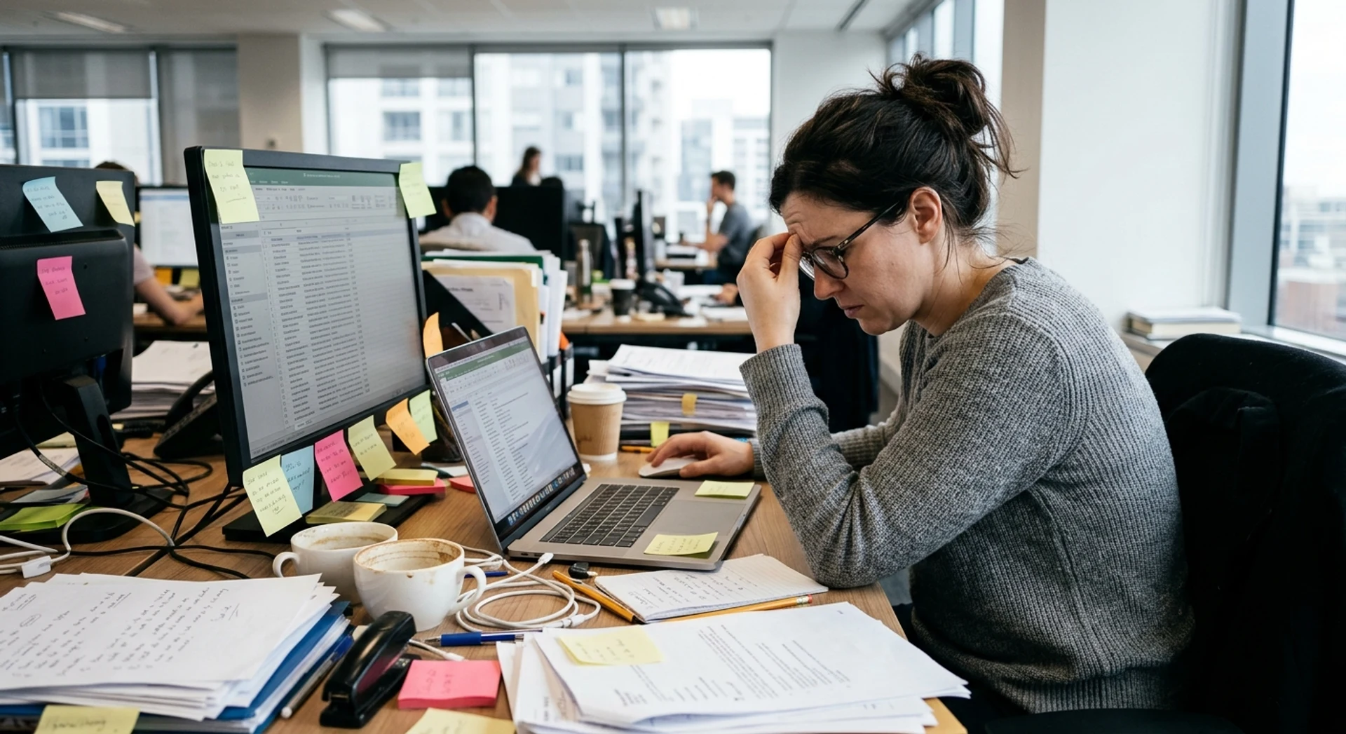 Mesa de escritório moderna caótica com papéis espalhados, post-its, xícaras de café e cabos emaranhados, enquanto profissional estressado trabalha em meio à desordem - fotografia documental empresarial ultra-realista em alta resolução