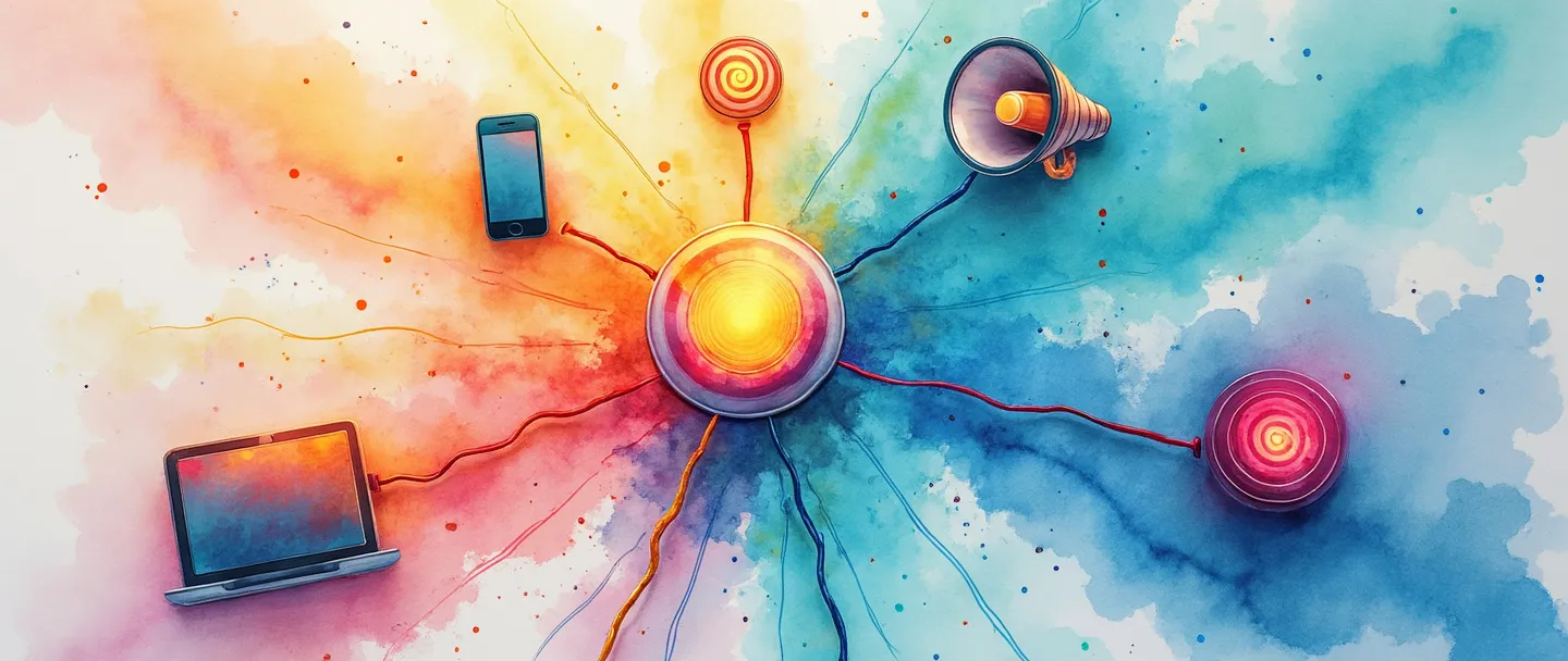 Uma pintura digital em aquarela de um hub central com raios coloridos conectando-se a vários elementos de marketing - um megafone, smartphone, computador e alvo. Cada conexão brilha com energia vibrante, sugerindo integração e centralização. Composição simples com texturas fluidas de aquarela criando uma atmosfera moderna e estratégica.