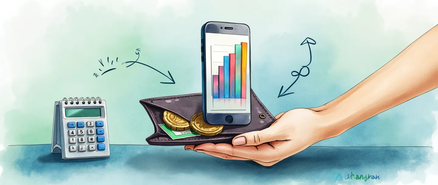 Uma pintura digital em aquarela de uma mão equilibrando uma carteira, moedas e um smartphone exibindo um gráfico de barras colorido. Uma pequena calculadora e um calendário estão próximos, com setas suaves conectando-os. Composição simples com tons de azul e verde transmitindo organização e estabilidade financeira.