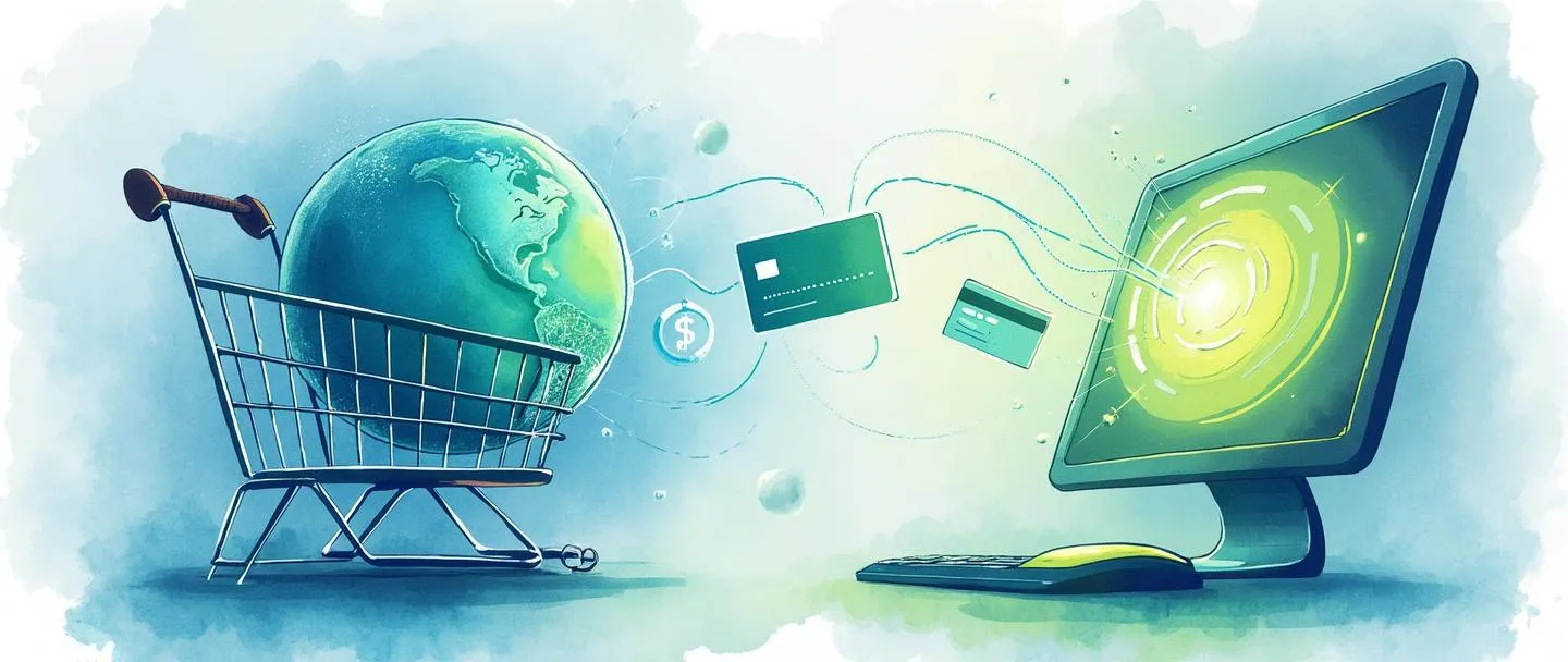 Uma pintura digital em aquarela de um computador com um globo brilhante em sua tela, conectado a um smartphone por linhas digitais fluidas. Um carrinho de compras e um cartão de crédito pairam nas proximidades, com um aperto de mãos se formando entre os dispositivos. Composição simples, com vibrantes tons de azul e verde, transmitindo conectividade de negócios online.