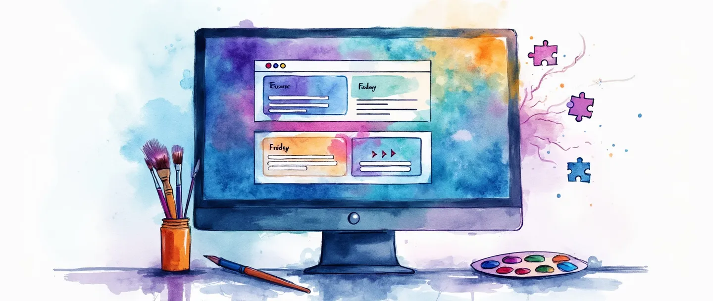 Uma pintura digital em aquarela de uma tela de computador exibindo um design de interface colorido com wireframes simples e elementos de layout. Um pincel e uma paleta pairam nas proximidades, com peças de quebra-cabeça conectando diferentes seções da tela. Composição limpa com tons vibrantes de azul e roxo, representando a criatividade e a estrutura do design web.