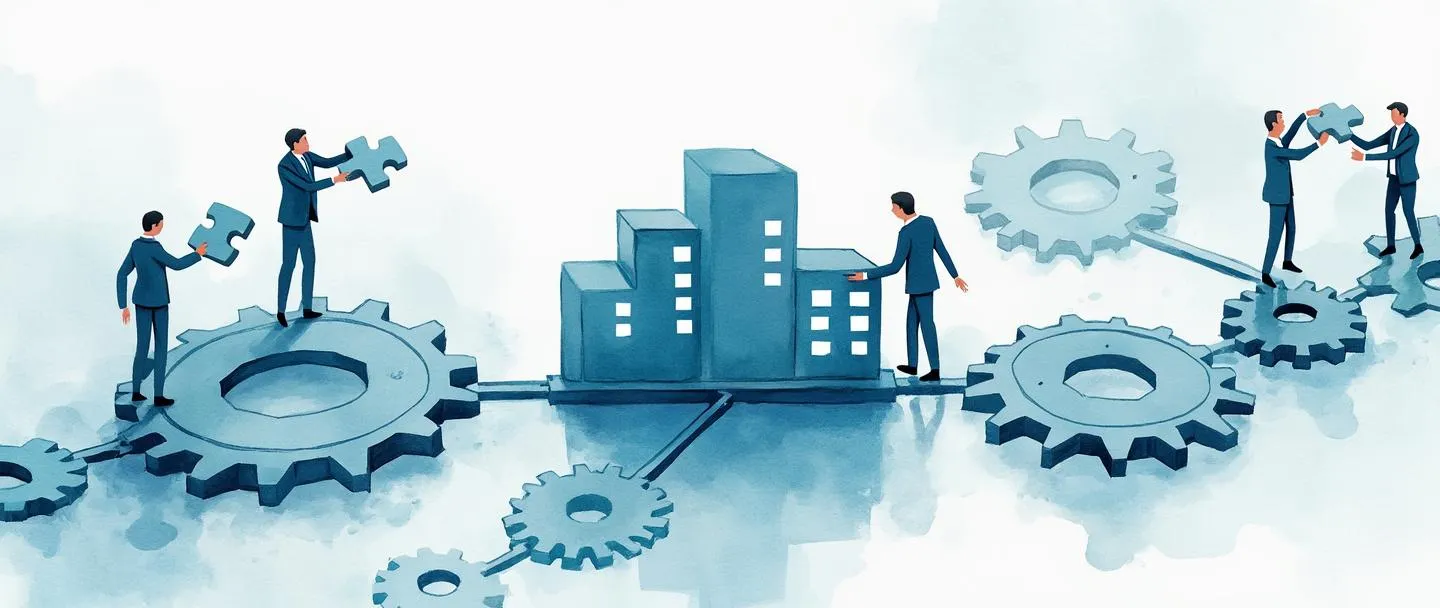 Uma pintura digital em aquarela de um organograma fluindo de um edifício de escritório central, com engrenagens conectadas representando departamentos. Pequenas figuras em trajes executivos organizam peças de quebra-cabeça na estrutura. Composição simples com linhas limpas e uma paleta de cores profissional em tons de azul. Conceito de organização corporativa.