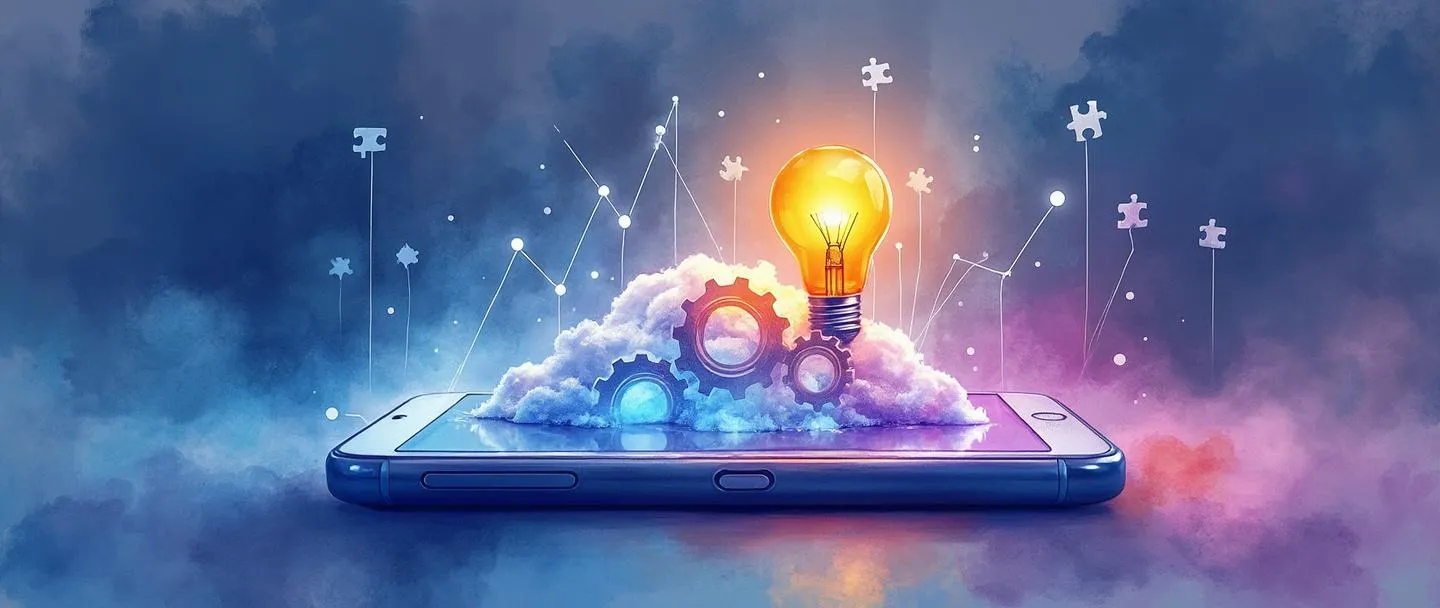 Uma pintura digital em aquarela de um smartphone se transformando em uma nuvem digital, com engrenagens brilhantes e peças de quebra-cabeça fluindo entre eles. Uma lâmpada brilha acima, iluminando um gráfico simples ascendente. Design limpo, azuis e roxos vibrantes, estética moderna.