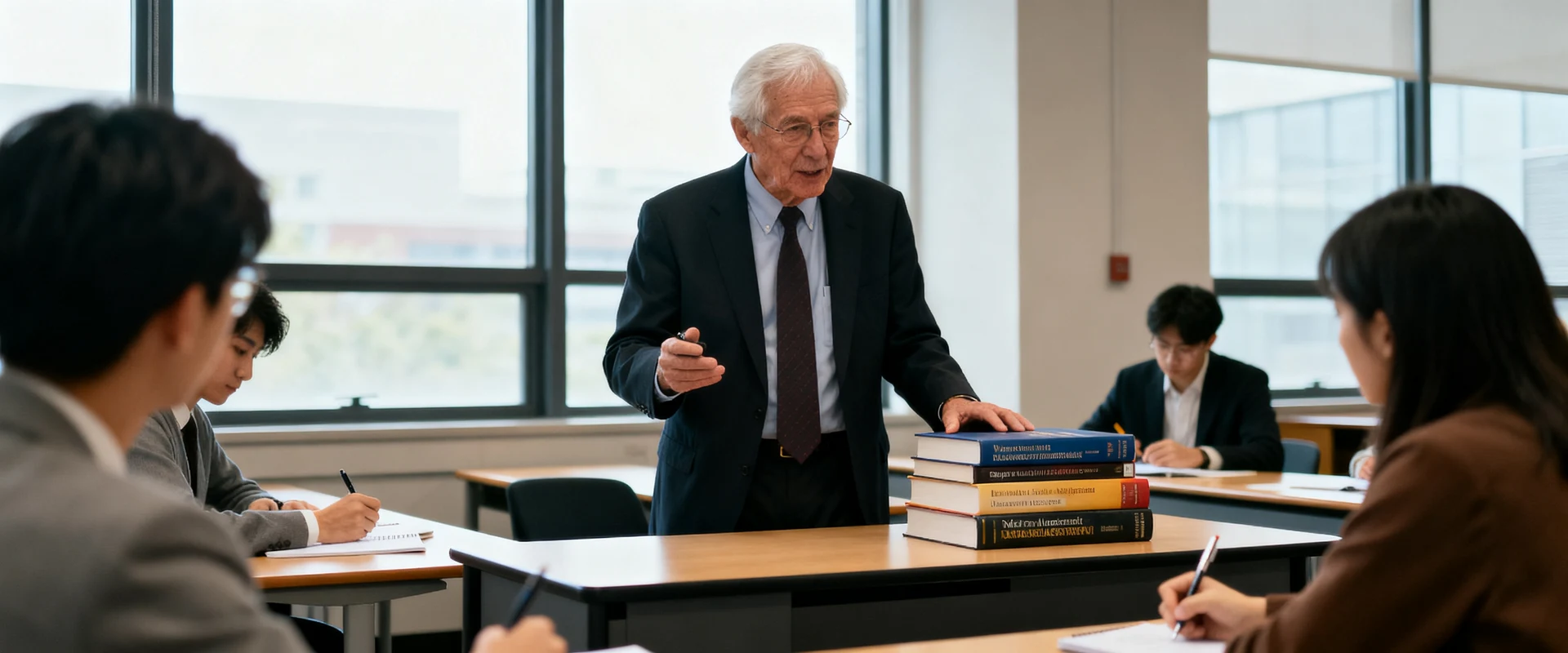 Peter Drucker: biografia, legado na Administração, livros e citações Professor universitário experiente ensinando em sala de aula moderna com livros de gestão, estudantes fazendo anotações, fotografia editorial ultra-realista com luz natural e detalhes nítidos