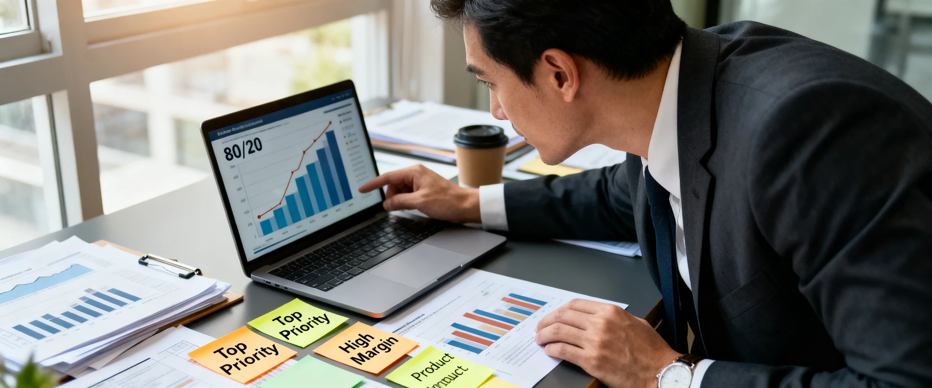 Princípio de Pareto: como priorizar o que mais gera resultado nas vendas Gerente de vendas profissional analisando gráficos de dados no laptop com distribuição 80/20, priorizando produtos de alto desempenho com notas adesivas na mesa, fotografia editorial ultra-realista em luz natural