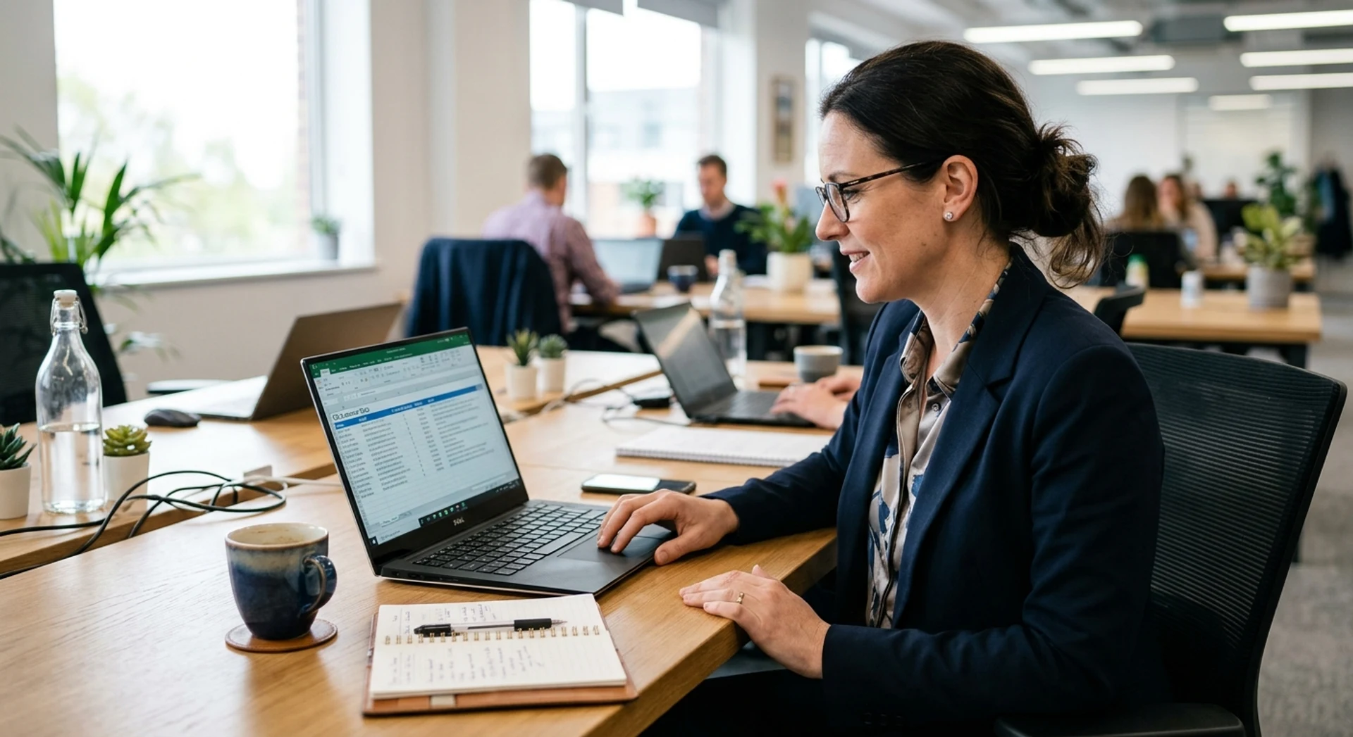 CRM: o que é, como funciona e por que usar no seu negócio Fotografia editorial ultra-realista de mulher de negócios profissional analisando dados de clientes em laptop moderno, ambiente de escritório autêntico com luz natural, foco nítido e detalhes precisos, capturada em Canon EOS R5.