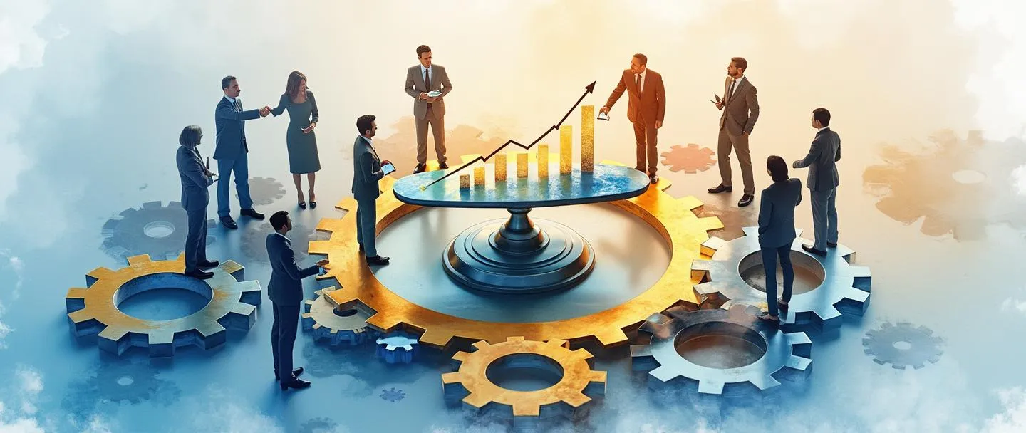 Uma pintura digital em aquarela de engrenagens interconectadas com uma balança no centro. Figuras corporativas em silhueta estão ao redor de uma mesa circular com um quebra-cabeça transparente se formando entre elas. Um aperto de mãos se conecta a uma bússola apontando para um gráfico ascendente. Linhas limpas, paleta profissional em azul e dourado, composição organizada.