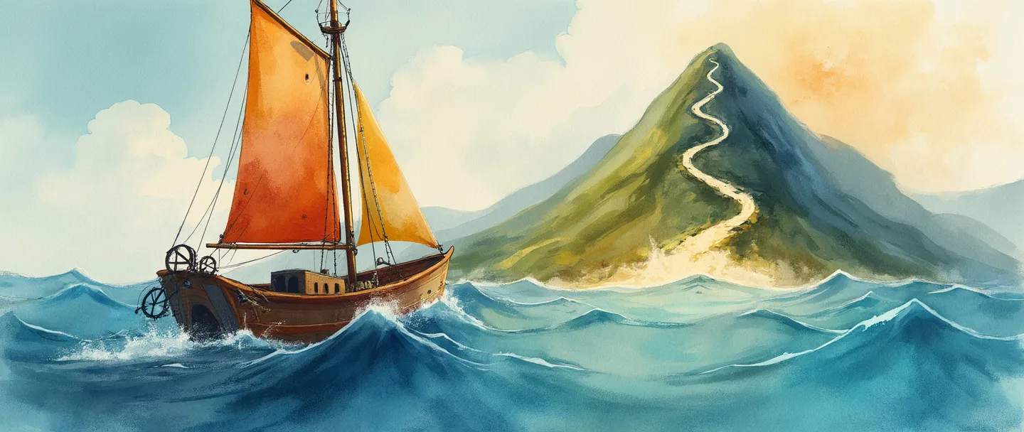 Uma pintura digital em aquarela de um veleiro ágil navegando por águas em transformação, com uma bússola guiando sua direção. O barco está adornado com pequenas engrenagens que giram suavemente. Ao fundo, uma montanha com múltiplos caminhos levando ao cume. Composição simples, pinceladas fluidas, cores vibrantes, porém calmantes.