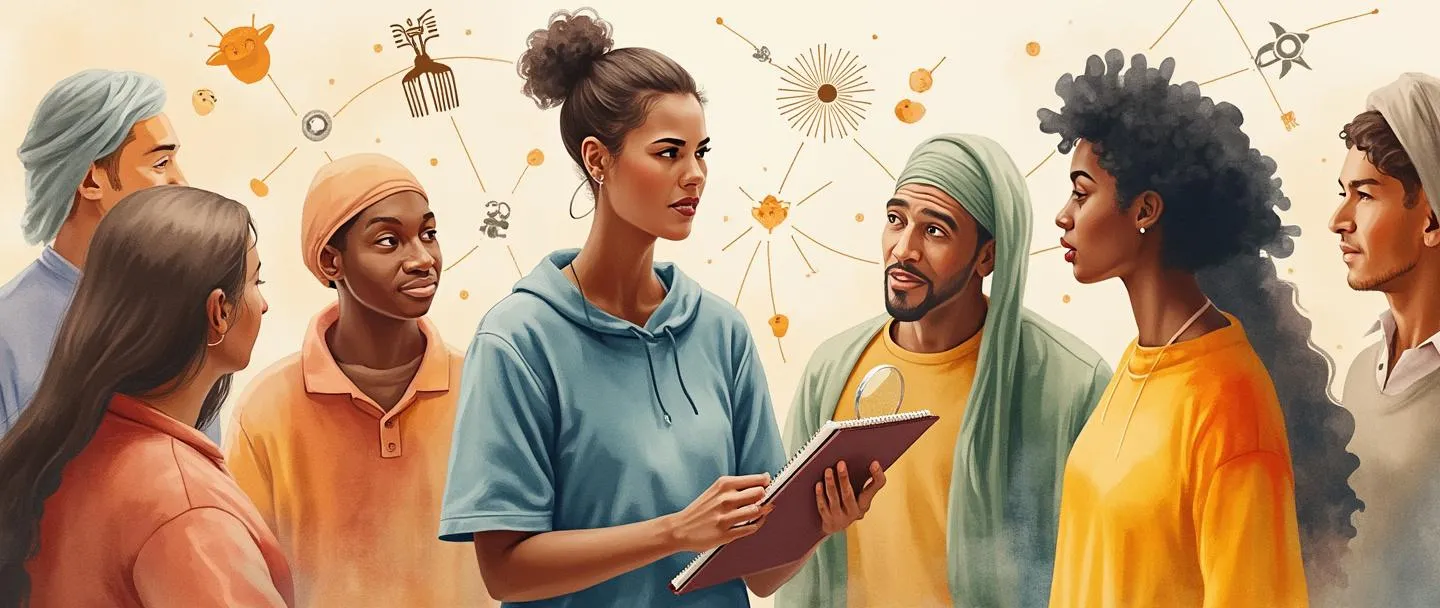 Uma pintura digital em aquarela de um pesquisador com um caderno observando e interagindo com pessoas diversas em um ambiente comunitário. O pesquisador segura uma lupa enquanto escuta atentamente. Artefatos culturais e símbolos os cercam, com linhas suaves conectando e mostrando relacionamentos. Composição simples com cores quentes e convidativas.