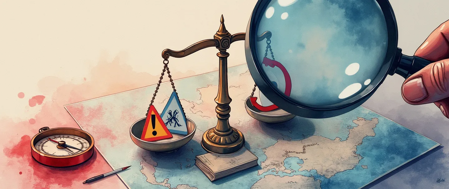 Uma pintura digital em aquarela de uma pessoa com uma lupa examinando uma balança. De um lado da balança estão símbolos de alerta, e do outro lado está um escudo. Uma bússola e um mapa estão próximos, sugerindo navegação através de perigos. Composição simples com vermelhos e azuis vibrantes contra um fundo claro.