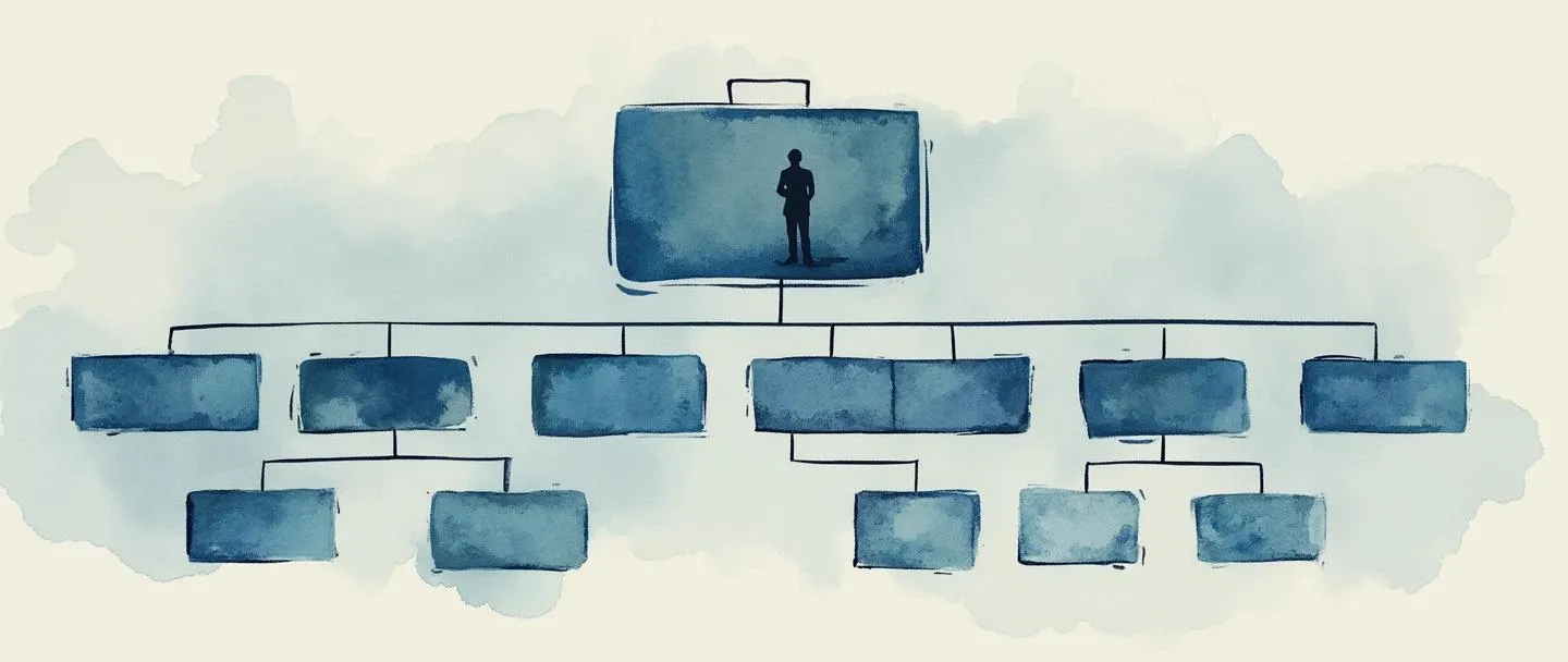 Uma pintura digital em aquarela de um organograma com caixas conectadas fluindo para baixo a partir de uma caixa executiva central no topo. As caixas estão ligadas por linhas elegantes formando uma estrutura hierárquica. Silhuetas corporativas simples aparecem em algumas caixas. Design limpo com tons suaves de azul e cinza transmitindo estrutura profissional e ordem.
