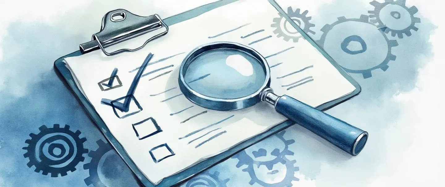 Uma pintura digital em aquarela de uma lupa examinando um fluxograma com marcas de verificação em etapas concluídas. Uma prancheta com uma lista de verificação está próxima, enquanto engrenagens se encaixam suavemente no fundo. Composição simples, tons profissionais de azul, tema organizado de verificação.