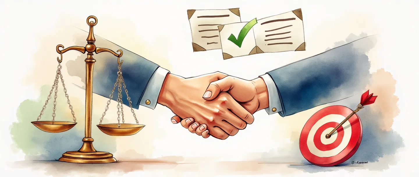 Uma pintura digital em aquarela de um aperto de mãos entre uma pessoa de negócios e a balança da justiça, com um certificado e um sinal de verificação flutuando acima. Um alvo com uma flecha no centro está próximo, representando metas de conformidade. Composição simples, cores profissionais, tema de negócios éticos.