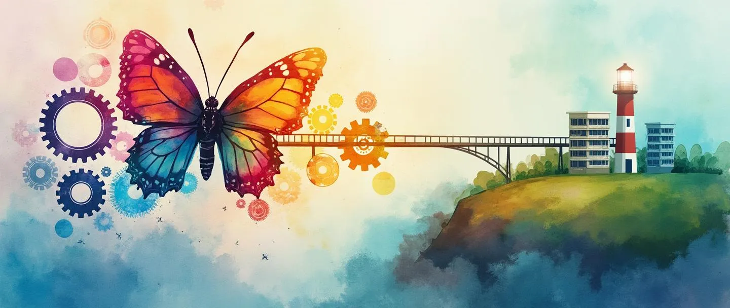 Uma pintura digital em aquarela de uma engrenagem central se transformando em uma borboleta colorida, cercada por engrenagens menores interconectadas. Uma ponte conecta um prédio de escritórios a um farol brilhante em uma colina. Composição simples com cores de transição fluidas, representando transformação organizacional e orientação.