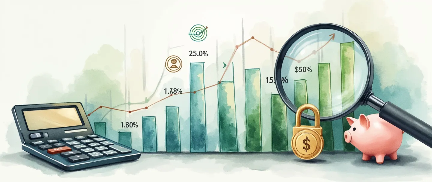Uma pintura digital em aquarela de um painel financeiro mostrando um gráfico de barras com tendência ascendente e uma lupa pairando sobre métricas-chave. Um pequeno cofre de porquinho está ao lado de uma calculadora, enquanto uma chave dourada desbloqueia um alvo simples com percentuais. Composição limpa com tons suaves de azul e verde representando controle financeiro e sucesso.