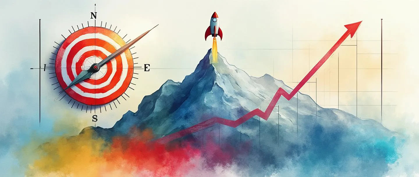 Uma pintura digital em aquarela de um quadro de metas estratégicas com alvos coloridos e um gráfico ascendente. Uma bússola aponta para um pico de montanha enquanto um pequeno foguete dispara para cima. Composição simples com cores vibrantes transmitindo realização e direção.