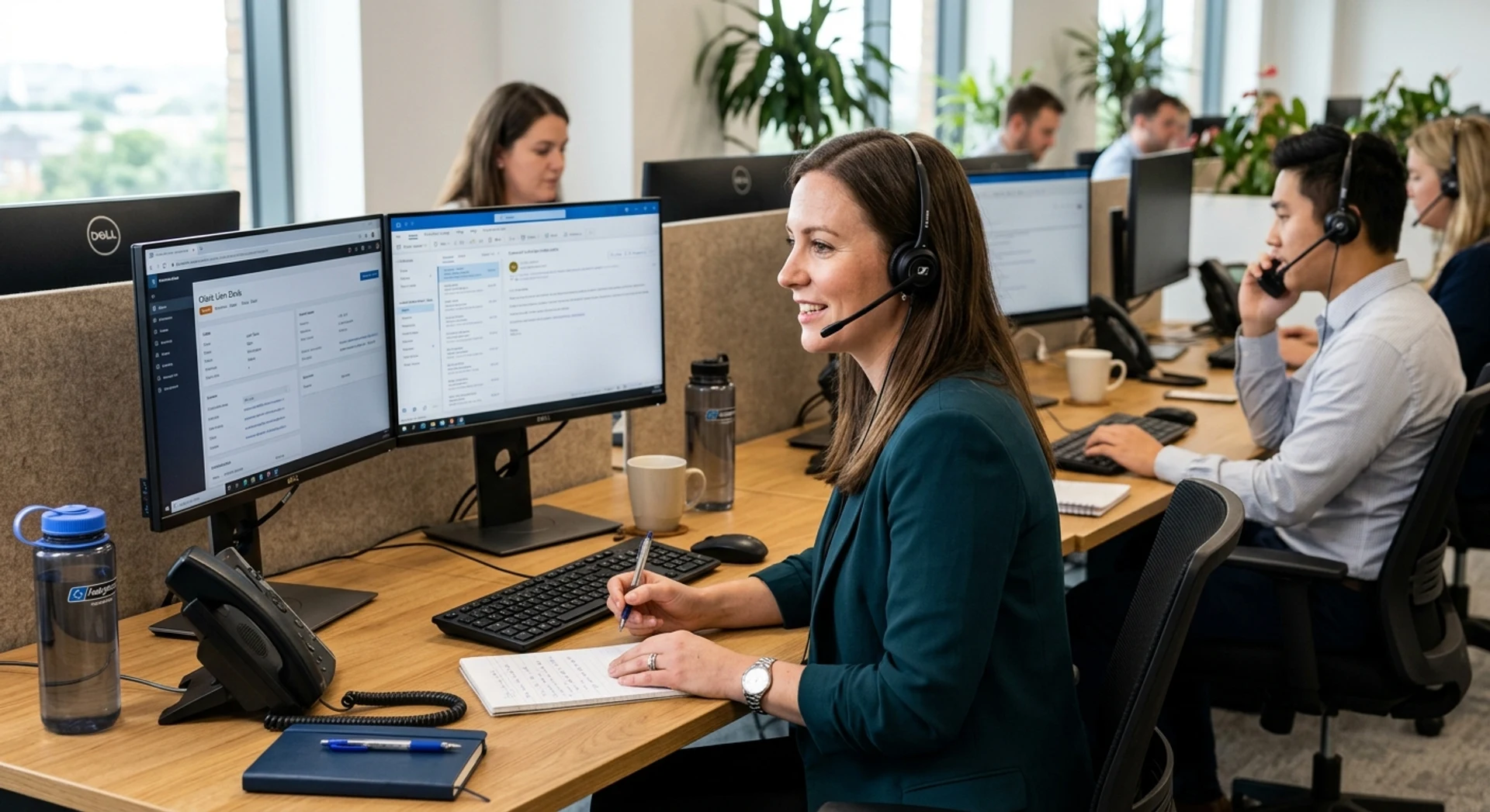 Fotografia editorial ultra-realista de equipe profissional de atendimento ao cliente trabalhando em escritório moderno com headsets e computadores, luz natural, foco nítido, alta resolução, momento autêntico capturado em Canon EOS R5.