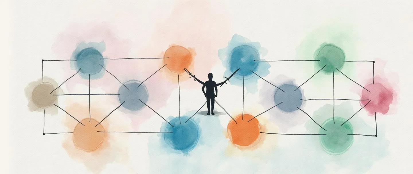 Uma pintura digital em aquarela de um organograma em forma de grade com nós interconectados em diferentes cores. Alguns nós se conectam horizontal e verticalmente, formando um padrão de matriz. Uma pessoa está em um ponto de interseção segurando uma conexão vertical e uma horizontal, simbolizando relações de subordinação dupla. Composição simples, linhas limpas, estilo profissional mas acessível.