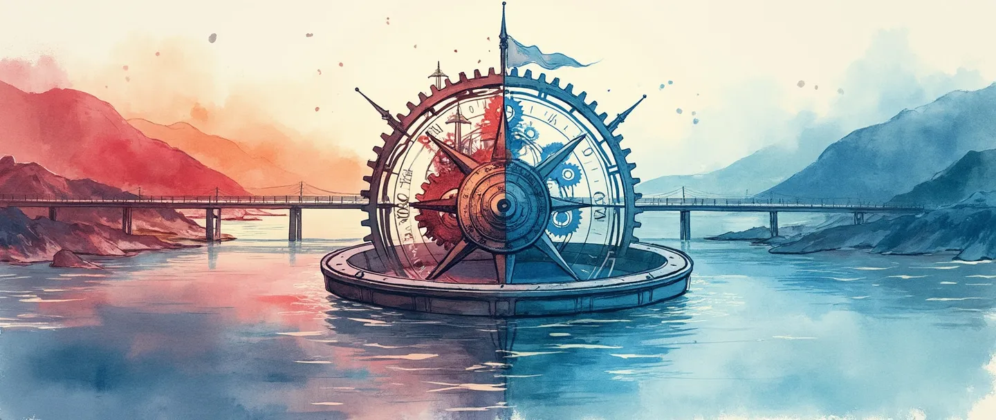 Uma pintura digital em aquarela de uma bússola guiando um navio através de águas em transformação, com engrenagens mudando de vermelho para azul. Uma ponte conecta duas paisagens diferentes - uma tradicional, outra moderna. Composição simples com transições fluidas, enfatizando direção e adaptação.