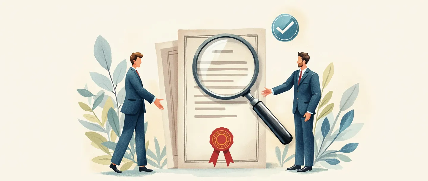 Uma pintura digital em aquarela de um certificado de produto com um selo oficial, cercado por uma lupa examinando-o. Um aperto de mãos entre uma pessoa de negócios e um funcionário do governo ocorre próximo, com um símbolo de marca de verificação flutuando acima. Composição simples com linhas limpas e cores suaves representando o processo de homologação e aprovação de produtos.