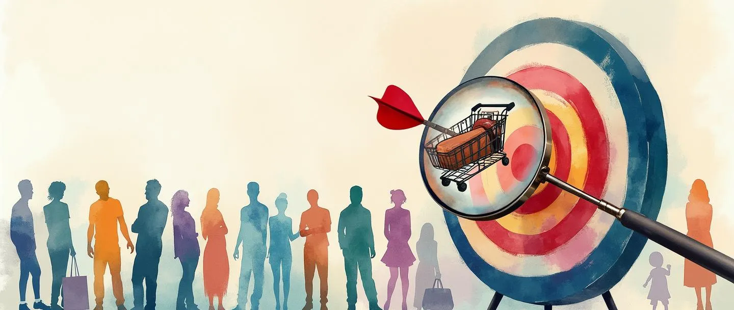 Uma pintura digital em aquarela de um alvo com um dardo acertando o centro, cercado por silhuetas estilizadas de pessoas diversas. Uma lupa paira sobre o alvo, revelando uma carteira e um carrinho de compras dentro do centro do alvo. Composição simples com cores vibrantes contra um fundo limpo.