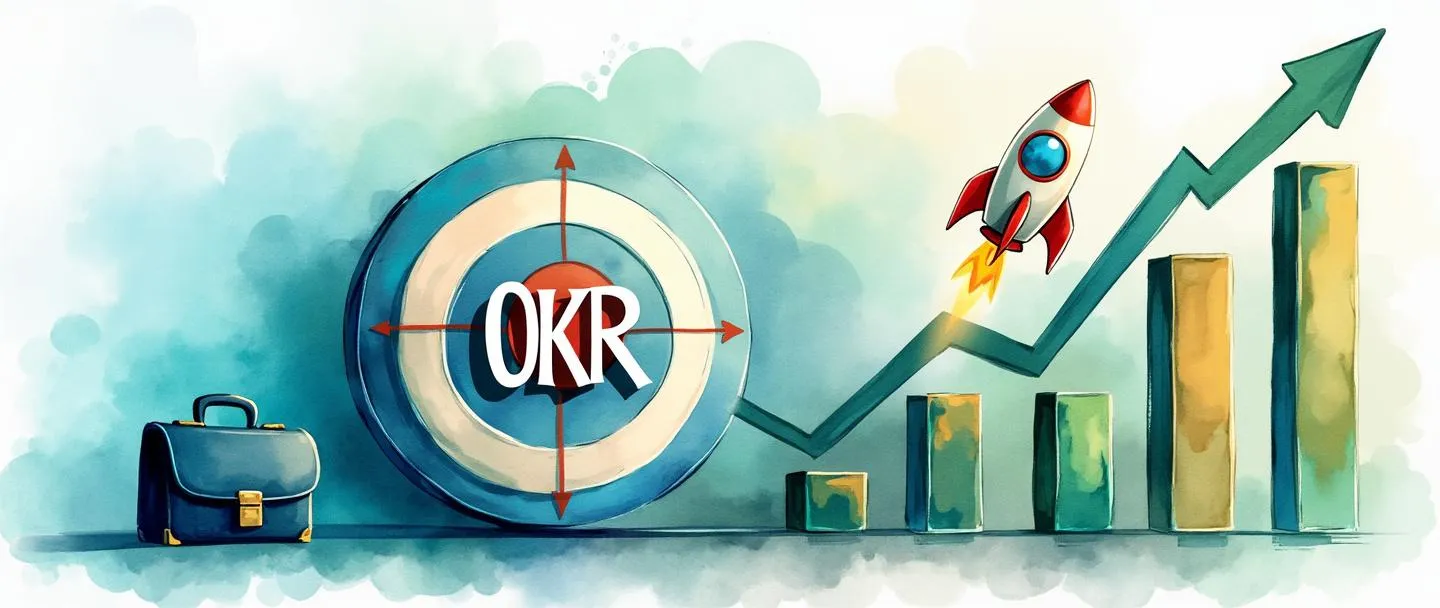 Uma pintura digital em aquarela de um alvo com "OKR" escrito no centro, rodeado por gráficos de barras ascendentes e um aperto de mãos. Uma maleta de vendas está próxima com um pequeno foguete sendo lançado dela. Composição simples com vibrantes tons de azul e verde, transmitindo crescimento e realização de objetivos de vendas.