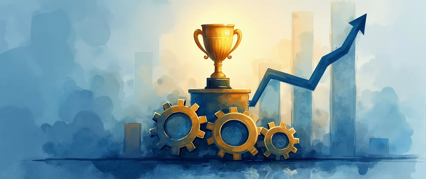 Uma pintura digital em aquarela de engrenagens equilibradas em tons de azul e dourado, com um troféu emergindo do centro delas. Um gráfico simples com tendência ascendente flui pelo fundo enquanto uma pequena lâmpada brilha acima. Composição limpa com elementos mínimos simbolizando excelência organizacional e sucesso mensurado.