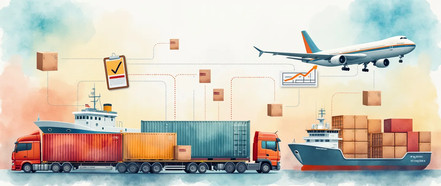 Uma pintura digital em aquarela de contêineres de transporte, caixas e cargas sendo transportados por caminhões, navios e aviões. Uma prancheta com uma lista de verificação e uma bússola representam planejamento e direção. Linhas simples e fluidas conectam esses elementos, mostrando o fluxo da cadeia de suprimentos. Paleta de cores vibrante, porém minimalista, composição limpa.