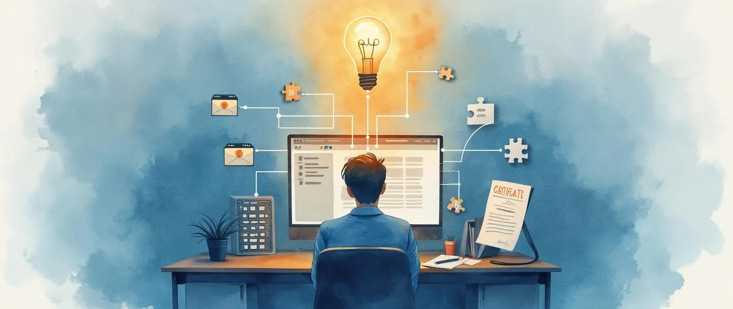 Uma pintura digital em aquarela de uma pessoa sentada em frente a um computador com uma lâmpada brilhando acima de sua cabeça. A tela exibe uma interface de aprendizado simples com peças de quebra-cabeça se conectando a um pequeno prédio de escritórios. Um certificado flutua próximo. Estilo limpo e profissional com tons suaves de azul e laranja.