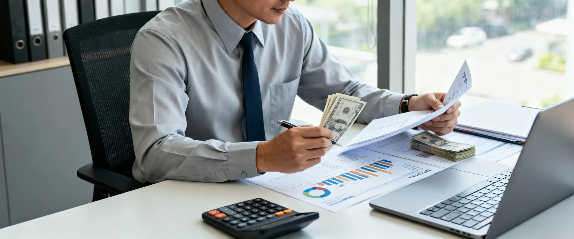 Empresário profissional analisando documentos financeiros e gráficos de fluxo de caixa em escritório moderno, com laptop e calculadora. Fotografia editorial ultra-realista capturada em Canon EOS R5 com luz natural.