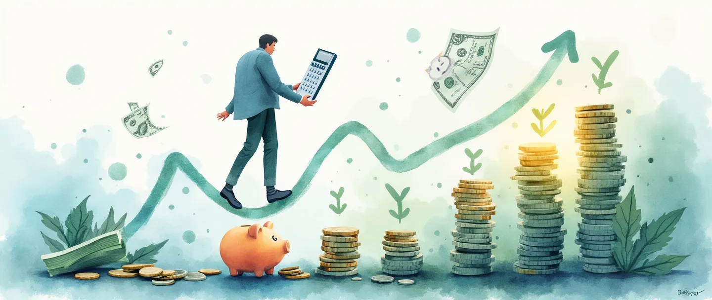 Uma pintura digital em aquarela de uma pessoa se equilibrando em um gráfico financeiro enquanto organiza moedas e notas em pilhas arrumadas. Um calendário e uma calculadora flutuam por perto, com um cofrinho de porquinho brilhando suavemente. Um caminho leva do caos à ordem, ilustrado por setas apontando para um alvo. Composição simples, tons calmos de azul e verde, tema de planejamento financeiro organizado.