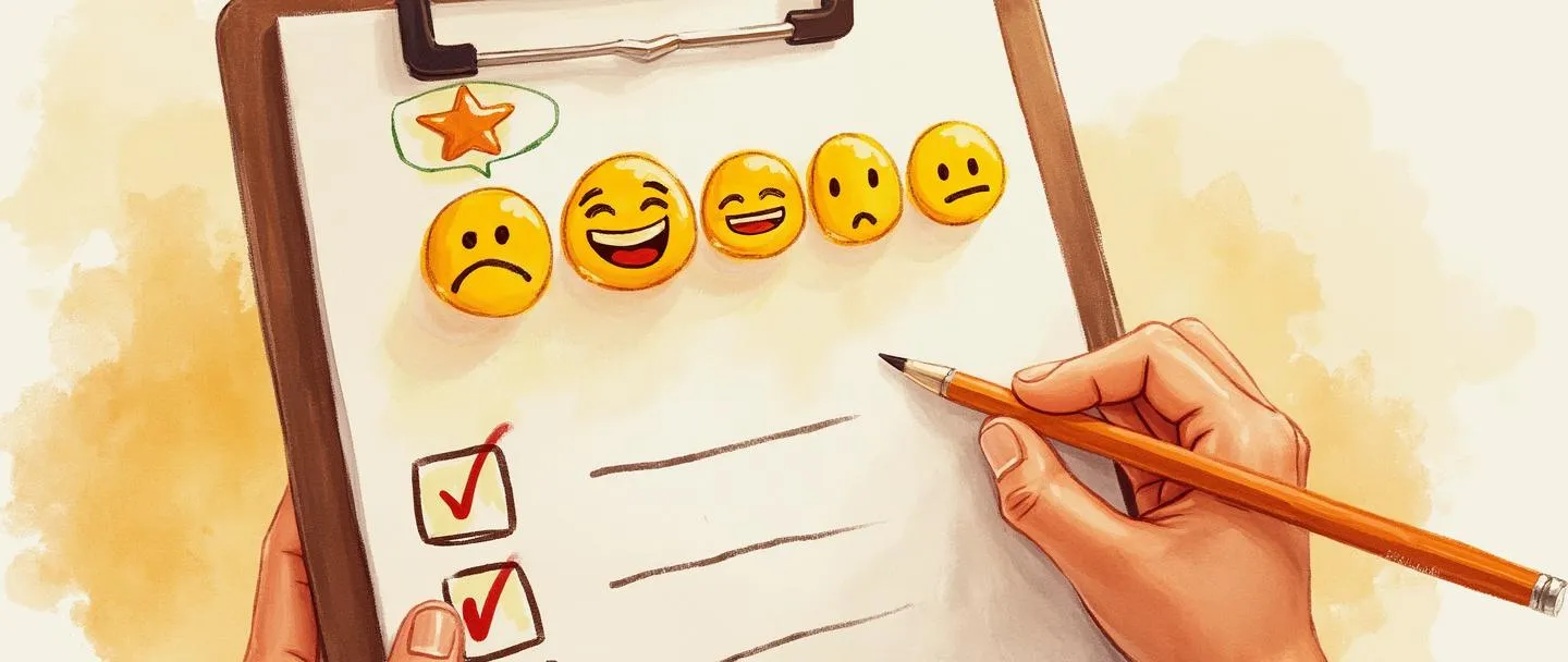 Uma pintura digital em aquarela de uma pessoa segurando uma prancheta com um formulário de pesquisa, apresentando uma fileira de cinco rostos emoji variando de carrancudo a sorridente. Um sinal de verificação paira sobre o rosto mais feliz, com um pequeno balão de fala contendo uma estrela. Composição simples, cores quentes, tema de feedback de satisfação.