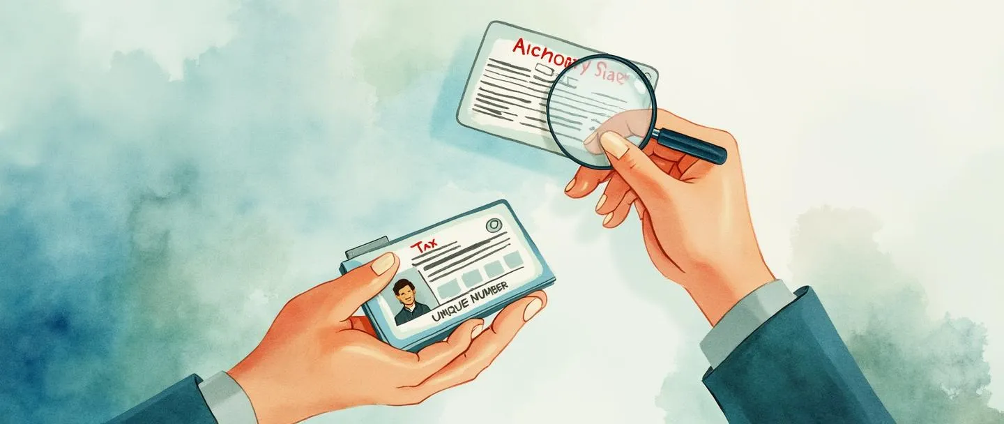 Uma pintura digital em aquarela de uma mão segurando um cartão de identificação com um número único destacado. Um pequeno formulário fiscal com uma lupa paira nas proximidades. Composição simples com linhas limpas, usando tons suaves de azul e verdes de aparência oficial. Conceito de identidade financeira.
