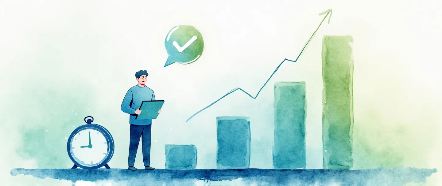 Uma pintura digital em aquarela de um relatório de produtividade mostrando um gráfico de barras simples ascendente com um pequeno relógio ao lado. Uma pessoa segurando uma prancheta está ao lado do gráfico, com um sinal de verificação flutuando acima. Estilo limpo e minimalista com tons suaves de azul e verde transmitindo eficiência e realização.