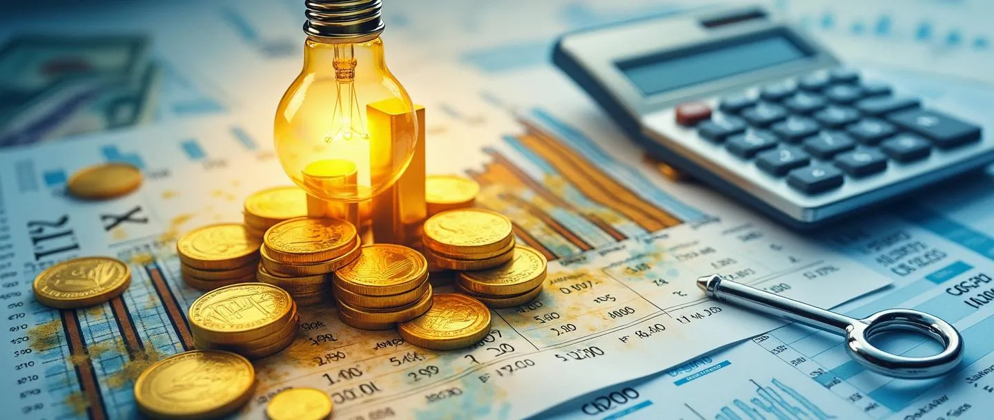 Uma pintura digital em aquarela de um documento financeiro com números e gráficos se transformando em moedas de ouro e notas bancárias. Uma lâmpada brilha acima, iluminando um gráfico de barras simples com tendência ascendente. Uma calculadora está próxima com uma pequena chave ao lado. Composição limpa com tons de azul e dourado, transmitindo conhecimento financeiro e clareza.