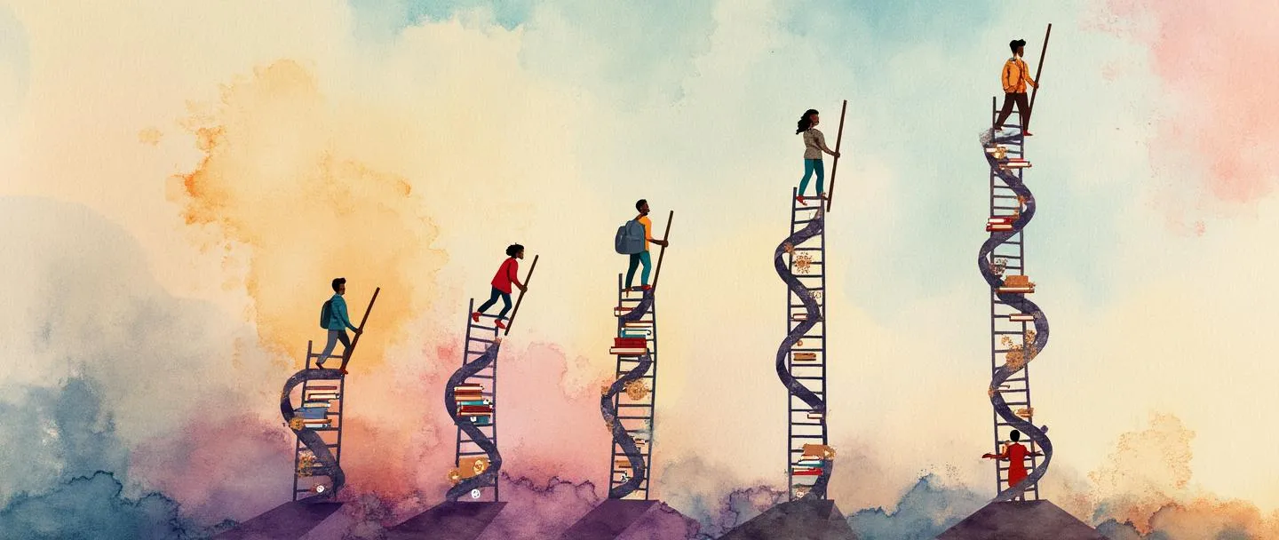 Uma pintura digital em aquarela de uma escada se transformando em uma hélice de DNA à medida que se eleva, com figuras diversas escalando em diferentes alturas. Cada degrau representa um marco cultural, com livros, engrenagens e lâmpadas incorporados ao longo do caminho. Composição simples com cores em gradiente fluindo de tons terrosos para azuis e roxos vibrantes no topo.