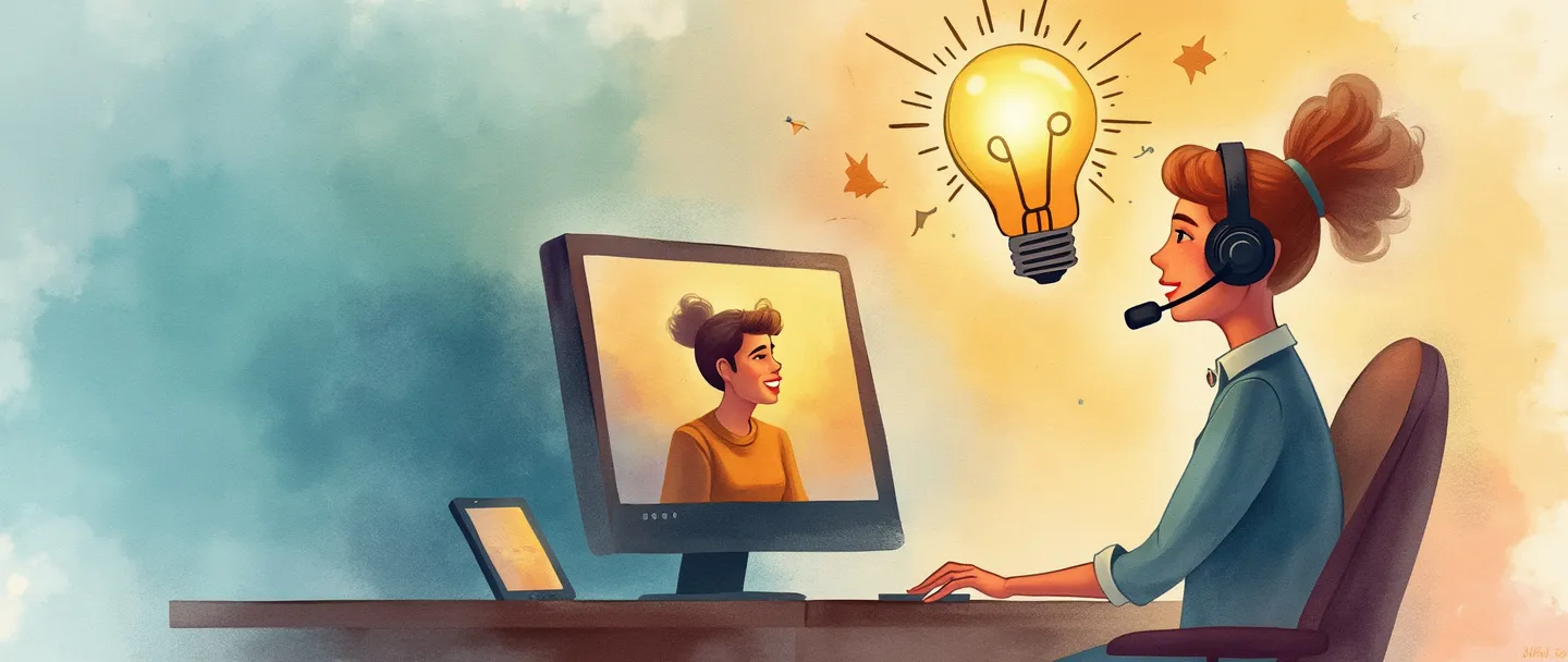 Uma pintura digital em aquarela de um representante de atendimento ao cliente amigável com fones de ouvido sentado em frente a um computador, ajudando um cliente que aparece na tela. Uma lâmpada brilhante flutua acima, simbolizando soluções. Configuração simples de mesa com um smartphone próximo. Cores quentes e reconfortantes transmitindo apoio e assistência.