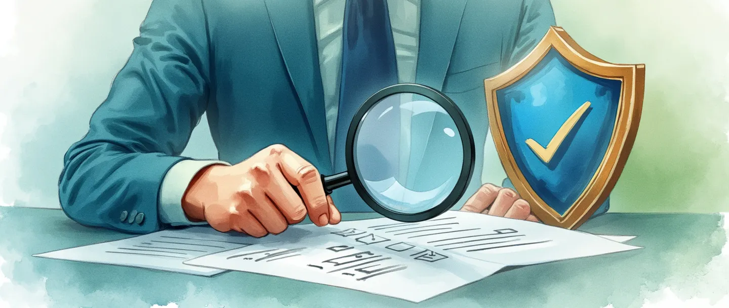 Uma pintura digital em aquarela de uma pessoa em traje de negócios segurando uma lupa examinando documentos com uma lista de verificação. Atrás dela, um escudo com um sinal de verificação simboliza proteção. Composição simples com linhas limpas, atmosfera profissional, tons suaves de azul e verde.
