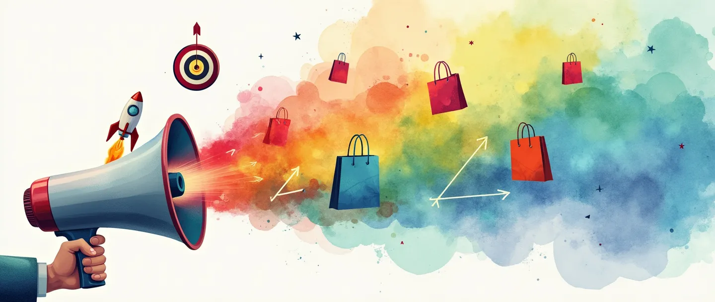 Uma pintura digital em aquarela de um megafone emitindo ondas coloridas que se transformam em sacolas de compras e etiquetas de desconto. Um pequeno foguete sobe por trás do megafone, simbolizando crescimento. Um alvo simples com uma flecha no centro flutua nas proximidades. Vibrante, porém simples, com um tema de campanha promocional.