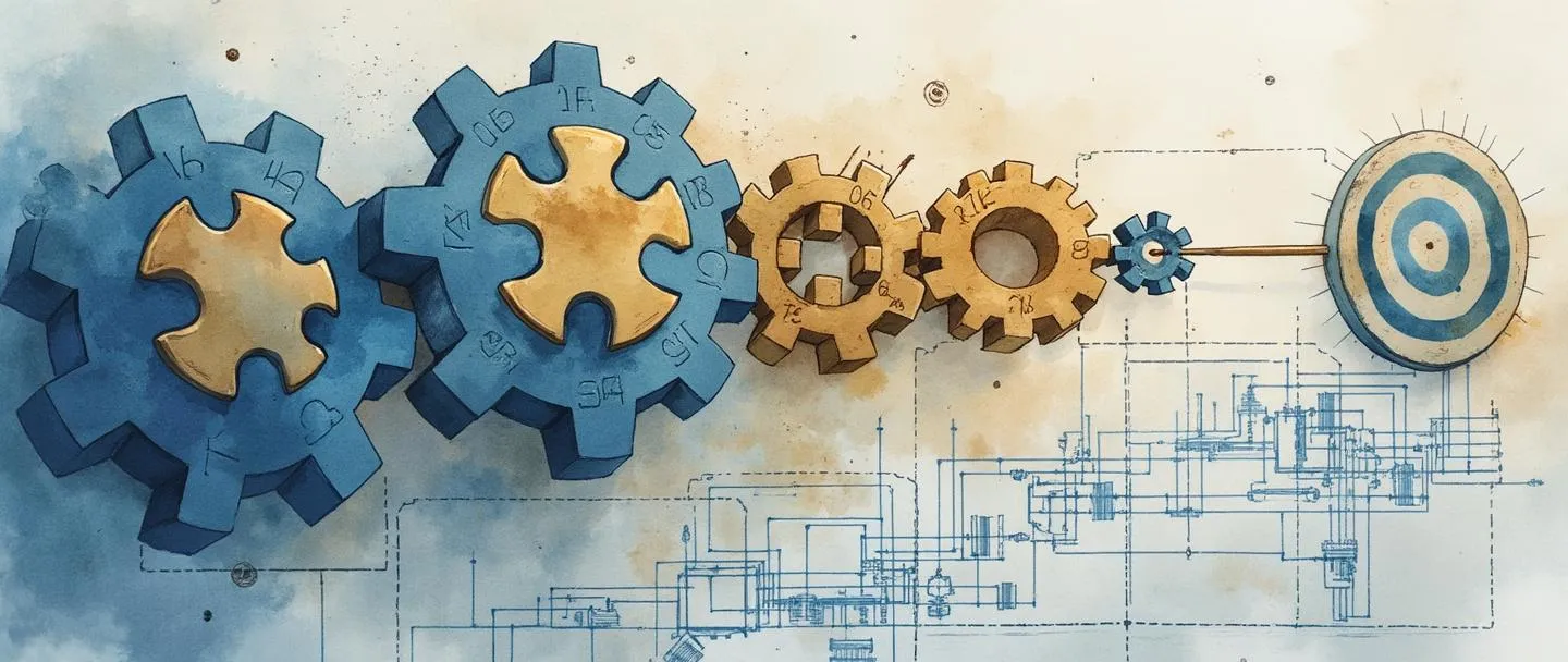 Uma pintura digital em aquarela de engrenagens organizadas que se encaixam perfeitamente com peças de quebra-cabeça, formando uma ponte estruturada que leva a um alvo. Um blueprint se desdobra parcialmente abaixo, mostrando um fluxograma claro. Composição simples com tons suaves de azul e dourado, transmitindo organização sistemática e execução planejada.