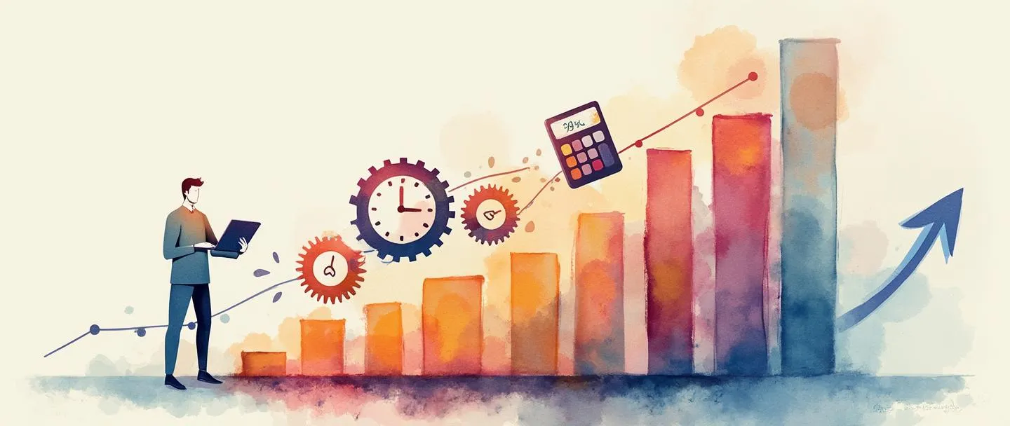 Uma pintura digital em aquarela de uma pessoa organizando eficientemente engrenagens acima de um gráfico de barras ascendente. Um relógio e uma calculadora flutuam nas proximidades, com métricas de produtividade fluindo entre eles. O fundo mostra uma sutil seta para cima. Composição simples, cores profissionais, conceito de medição de produtividade.