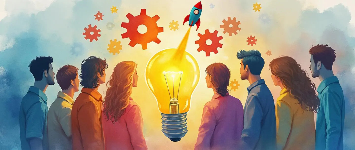 Uma pintura digital em aquarela de uma equipe diversificada reunida ao redor de uma lâmpada brilhante, com peças coloridas de quebra-cabeça conectando-os. Engrenagens flutuam acima de suas cabeças enquanto um pequeno foguete é lançado para cima. Composição simples com cores vibrantes em um fundo limpo.
