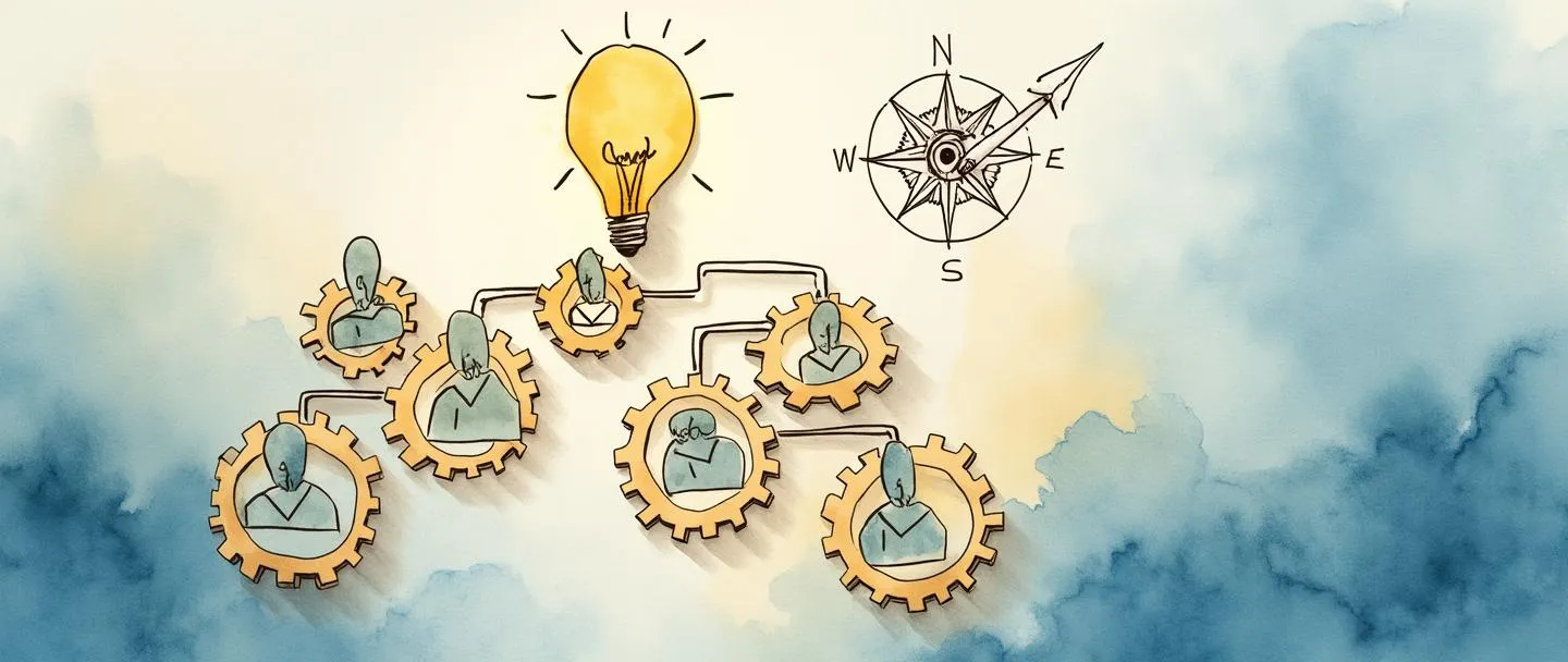 Uma pintura digital em aquarela mostrando um quebra-cabeça formando um organograma, com engrenagens interconectadas representando departamentos. Uma lâmpada brilha acima, iluminando a estrutura. Uma bússola aponta para um alvo claro no fundo. Composição simples com tons suaves de azul e amarelos quentes, transmitindo clareza e compreensão.