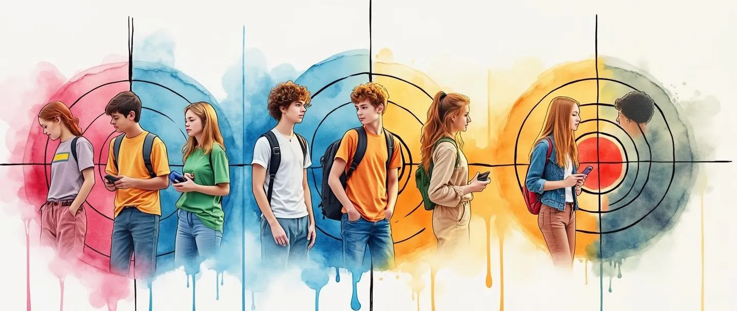 Uma pintura digital em aquarela de adolescentes diversos divididos em segmentos coloridos distintos dentro de um símbolo de alvo. Cada segmento mostra diferentes estilos juvenis - um com smartphones, outro com equipamentos esportivos, outro com materiais artísticos. Pinceladas simples e fluidas, cores vibrantes, fundo minimalista. Conceito de segmentação do mercado jovem visualizado com elegância.
