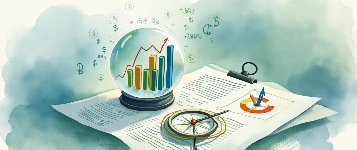 Uma pintura digital em aquarela de um documento financeiro com números e gráficos projetados flutuando acima dele. Uma pequena bola de cristal mostra gráficos de barras futuros subindo, enquanto uma bússola aponta para um alvo com cifrões. Composição simples com tons suaves de azul e verde, transmitindo previsão e planejamento financeiro.