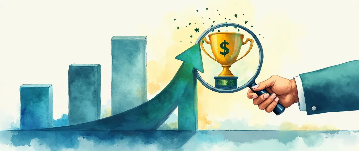 Uma pintura digital em aquarela de um gráfico de barras se transformando em uma seta para cima, com uma lupa revelando cifrões dentro. Um aperto de mãos conecta o gráfico a um troféu, simbolizando uma conversão de vendas bem-sucedida. Composição simples com azuis e verdes vibrantes, estética empresarial limpa.