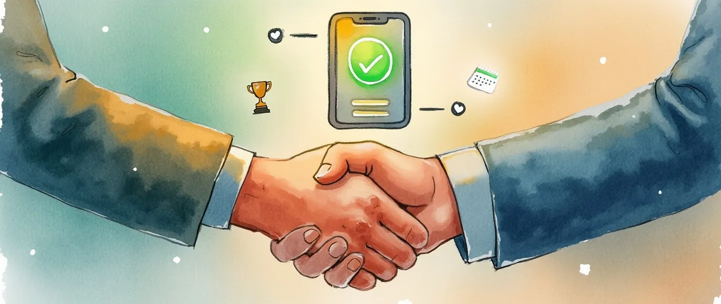 Uma pintura digital em aquarela de um aperto de mãos entre um cliente e um prestador de serviços, com um smartphone brilhante exibindo um sinal verde de confirmação acima deles. Um pequeno troféu e um calendário flutuam próximos, simbolizando um excelente suporte pós-venda. Composição simples com cores quentes e reconfortantes.